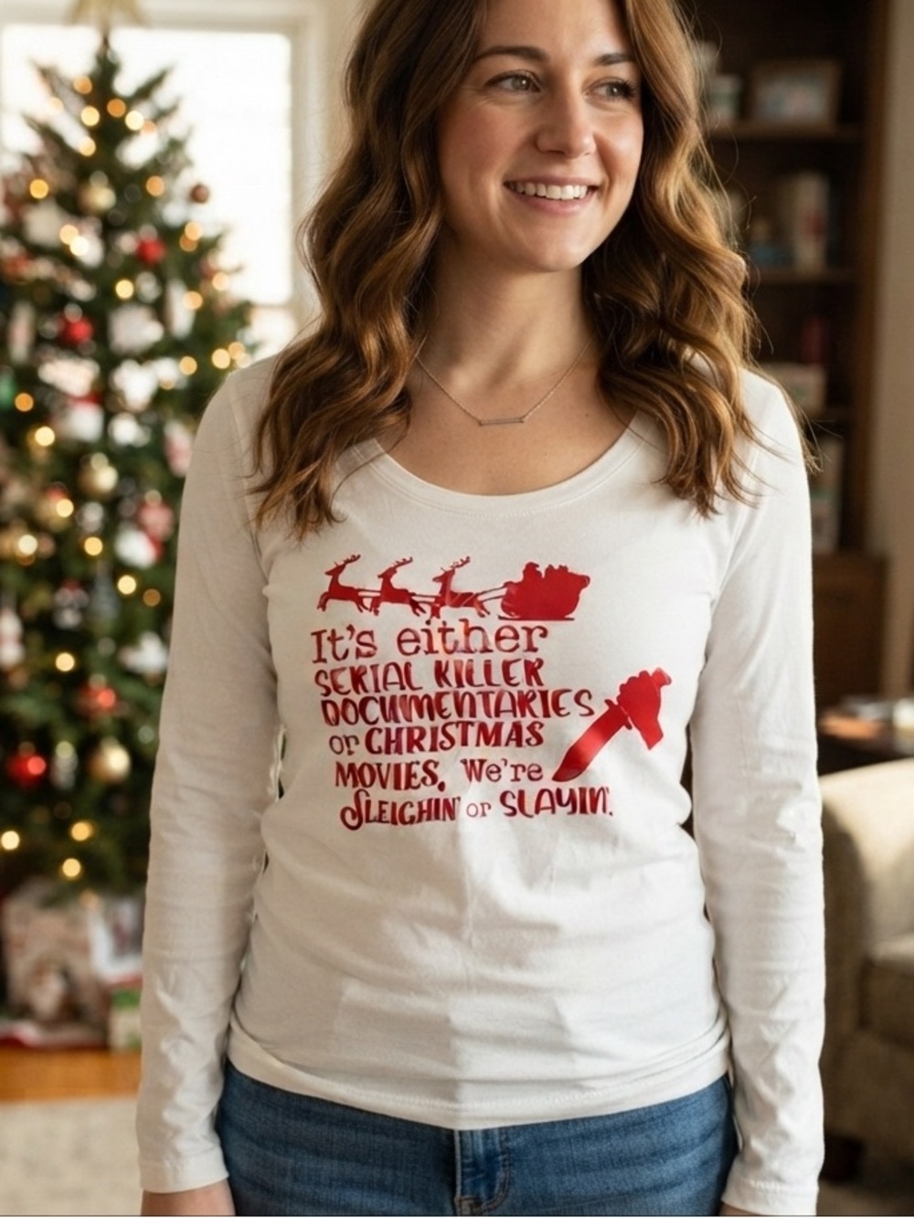 No Boundaries White Long Sleeve Graphic Pajama Top with Red Print